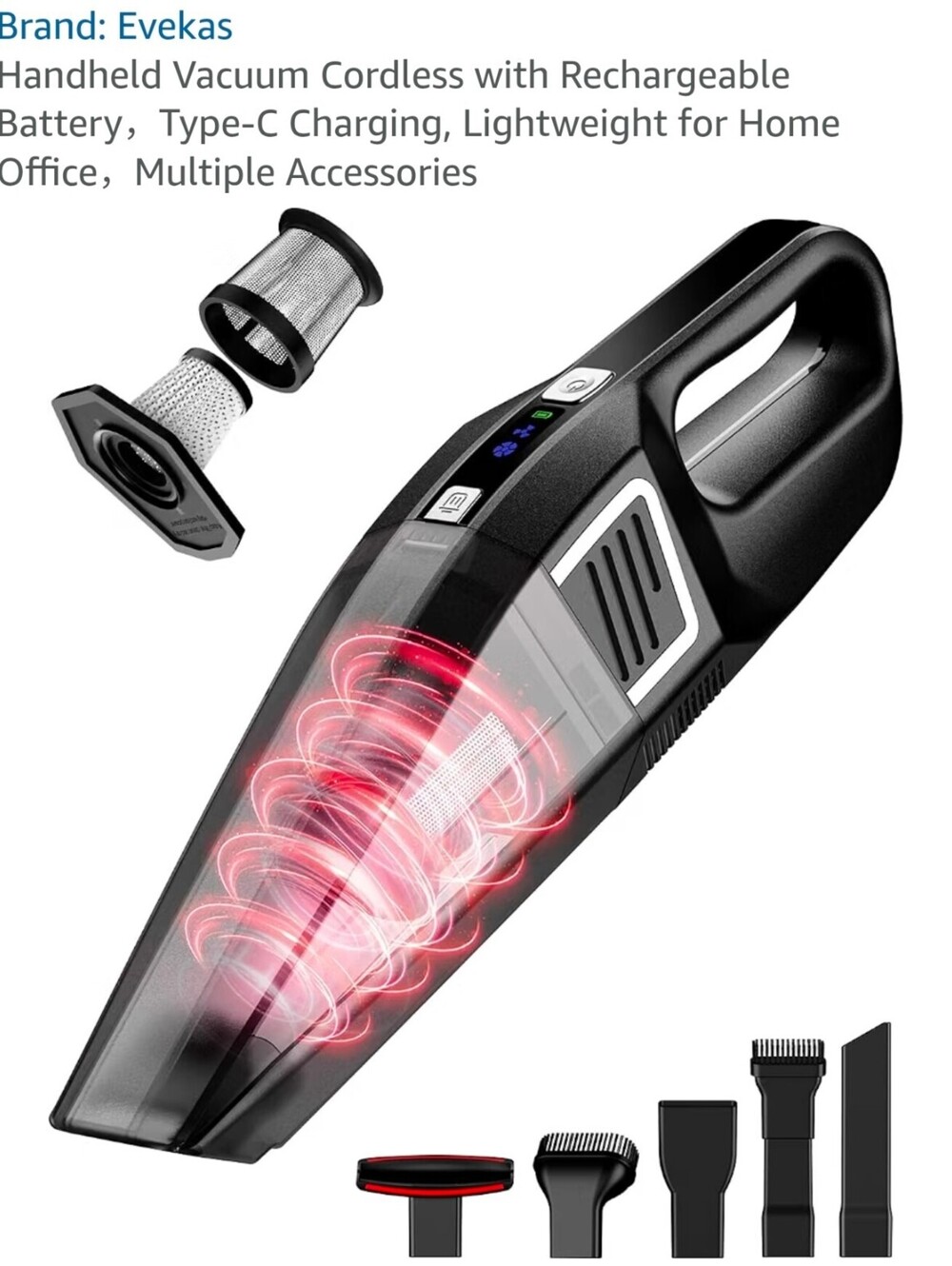 Evekas Handheld Cordless Vacuum with Rechargeable Battery Multiple Attachments